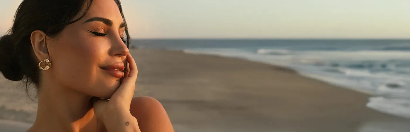 Close portrait of a smiling woman on a beach at sunset