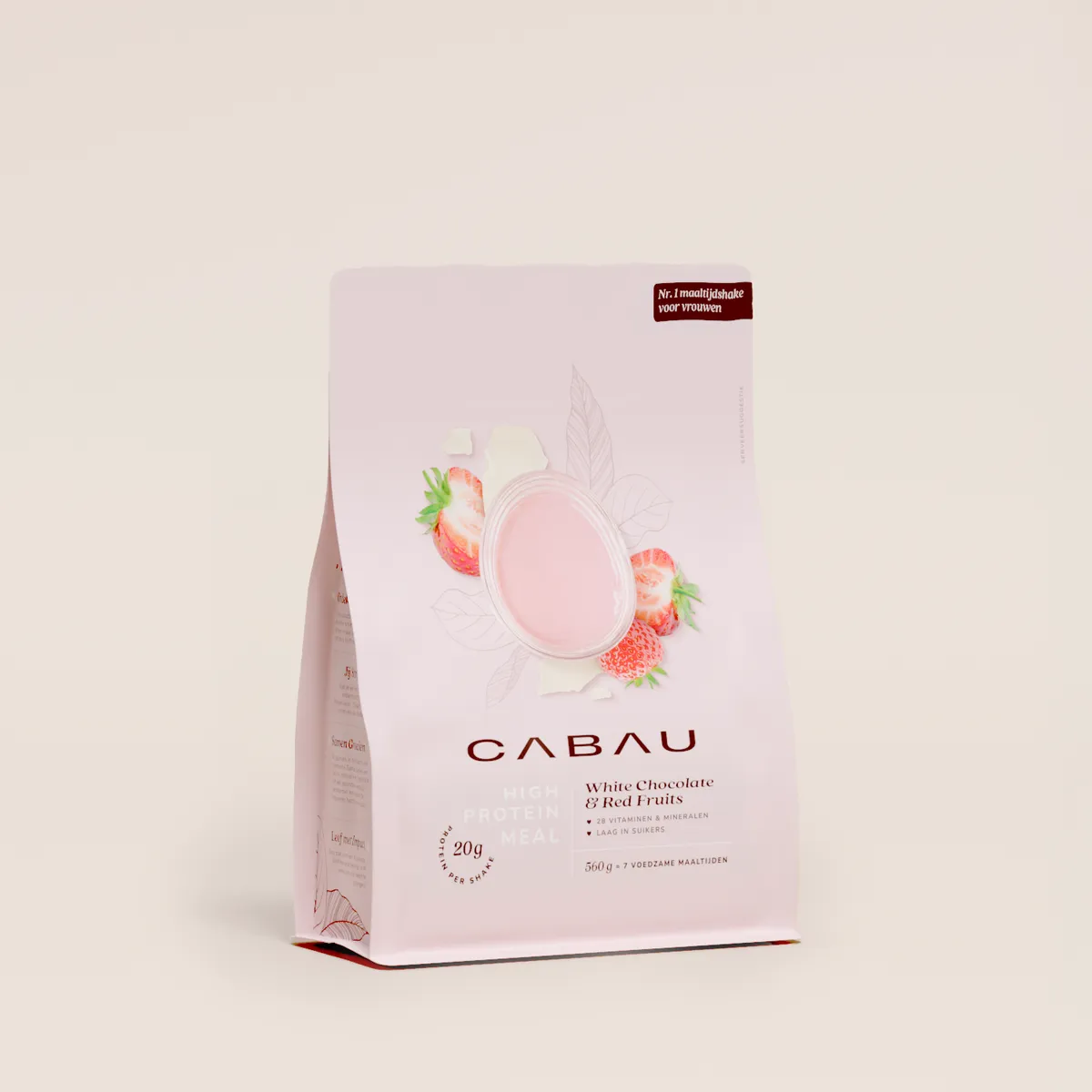 A pink Cabau pouch with strawberry illustrations