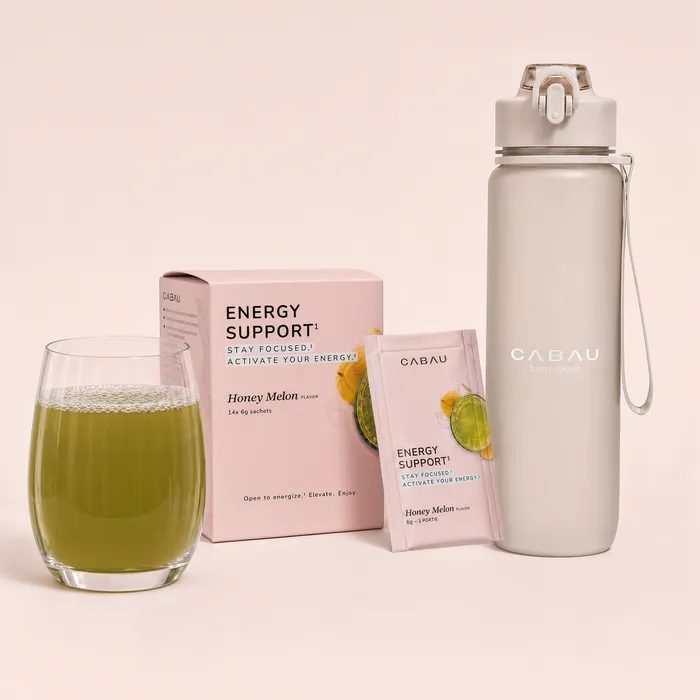 Energy Support box beside a bottle and a glass of green drink