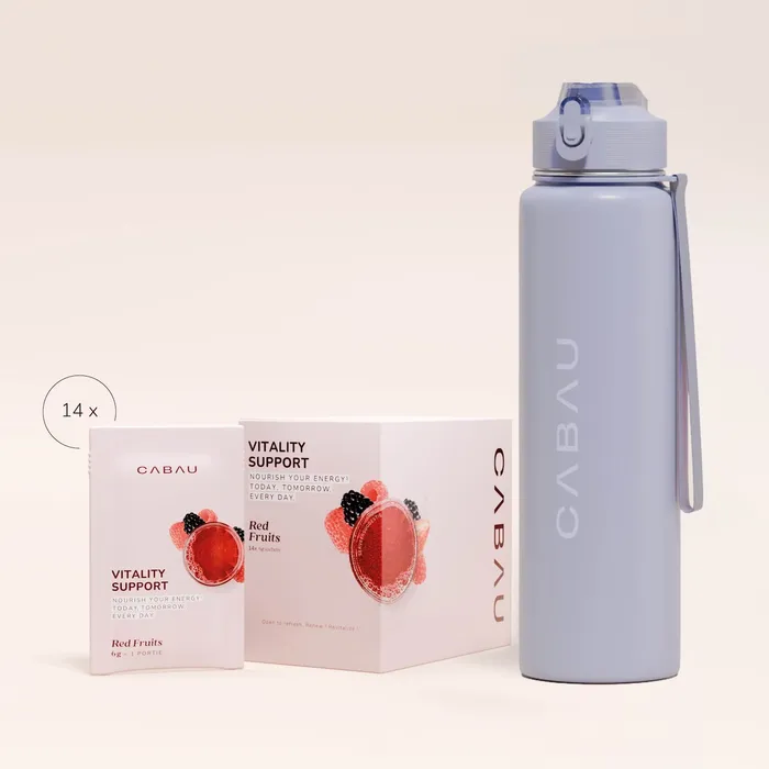 Vitality Support box beside a blue-grey bottle
