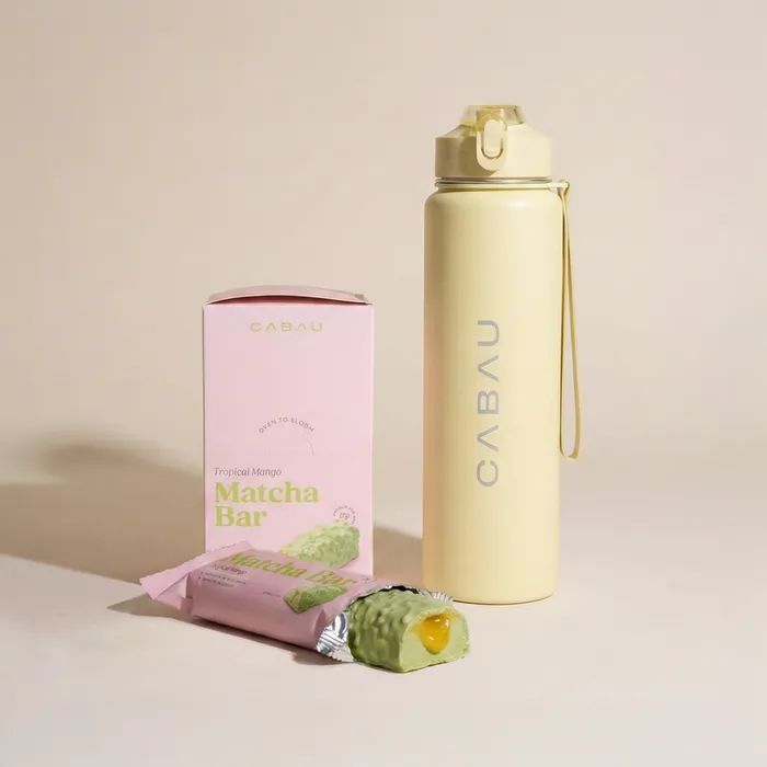 Matcha bars box, a butter-yellow steel bottle and a bar